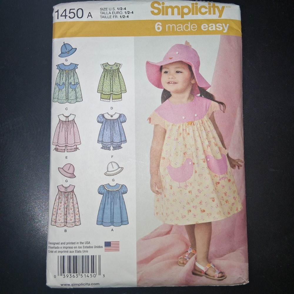 Simplicity 1450 Toddler Dress, Top, Hat Sewing Pattern‎ Size 1/2-4 CUT